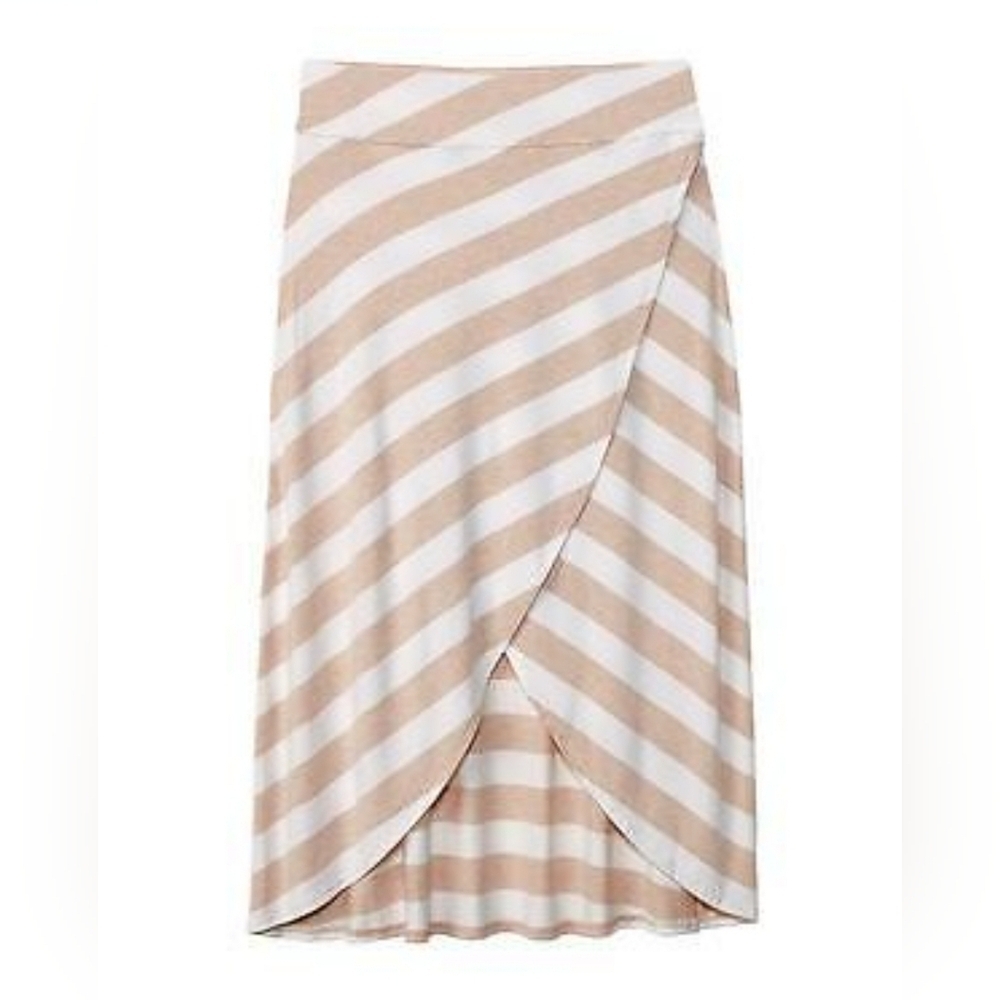 Athleta sz S women striped ribbon skirt Midi faux wrap tan and white beach